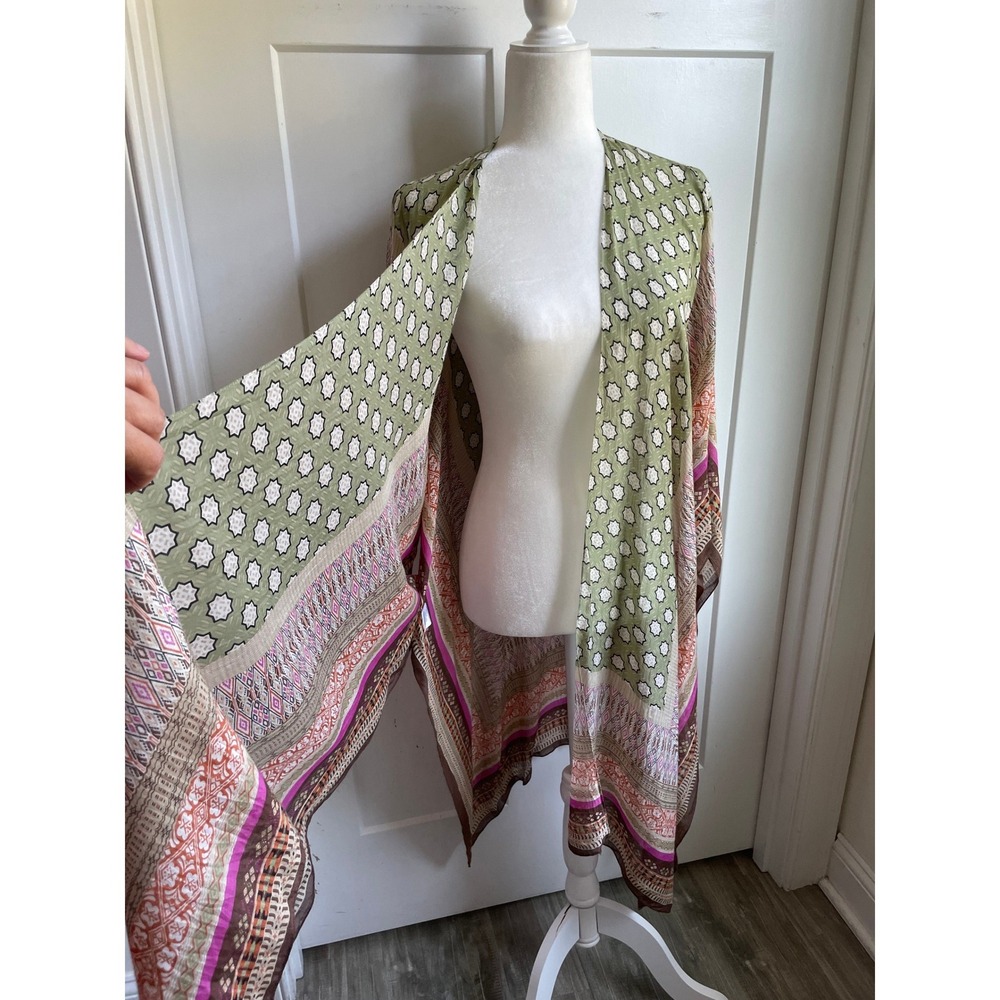 One Hundred Stars Moorish Green Throwover Kimono Beach Viscose Resort Boho OS - Picture 7 of 8